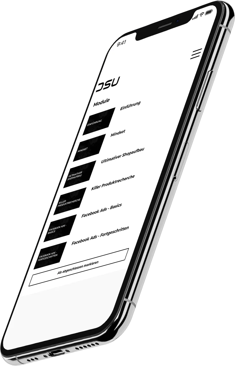 iPhone mit DSU Kurs-Modul-Liste, mobile Navigation und Lektionen übersicht