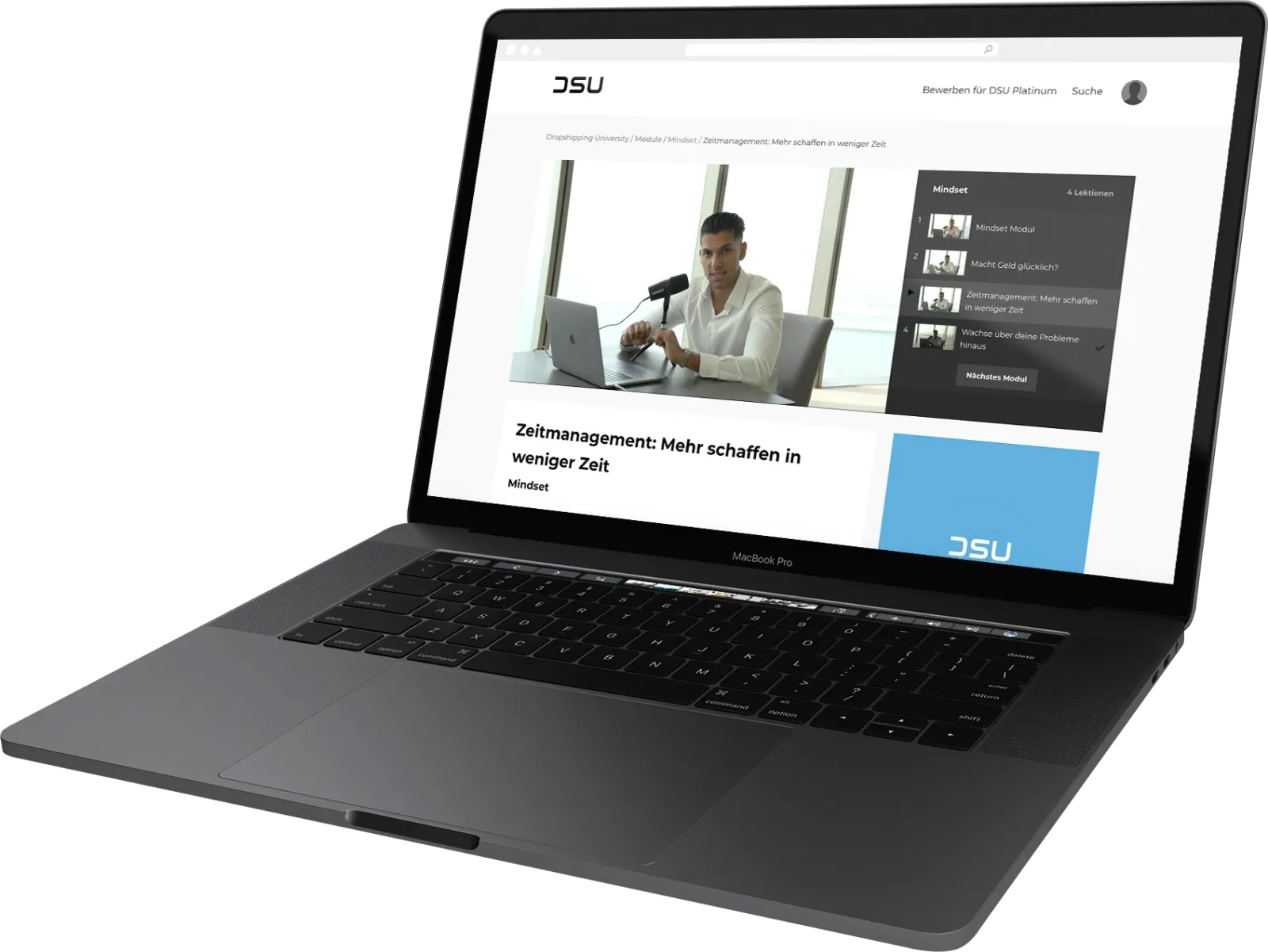 MacBook Pro zeigt DSU Kurs-Seite mit Zeitmanagement-Modul und Instructor Video