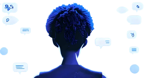 Person mit Kopfhörern von hinten, blaue Beleuchtung, Chat-Symbole im Hintergrund