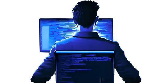 Person am Laptop mit Code auf dem Bildschirm, blaue technische Beleuchtung