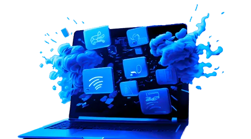 Laptop mit explodierende blaue Cloud-Symbole und Tech-Icons, digitale Illustration