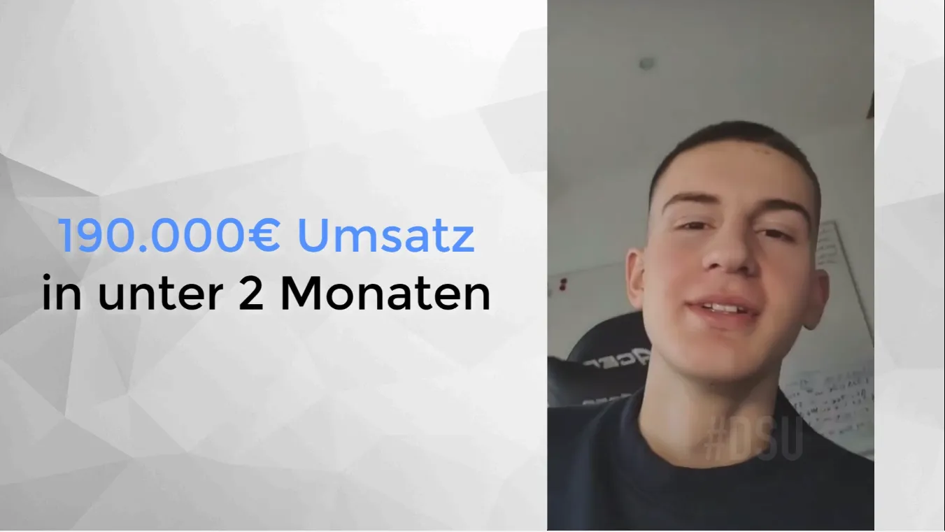 Testimonial-Video Mann mit Text 190.000€ Umsatz in unter 2 Monaten, Split-Screen