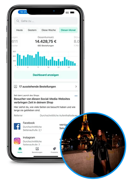 iPhone Screenshot des DSU E-Commerce Dashboards mit Umsatzstatistiken und Social-Media-Links