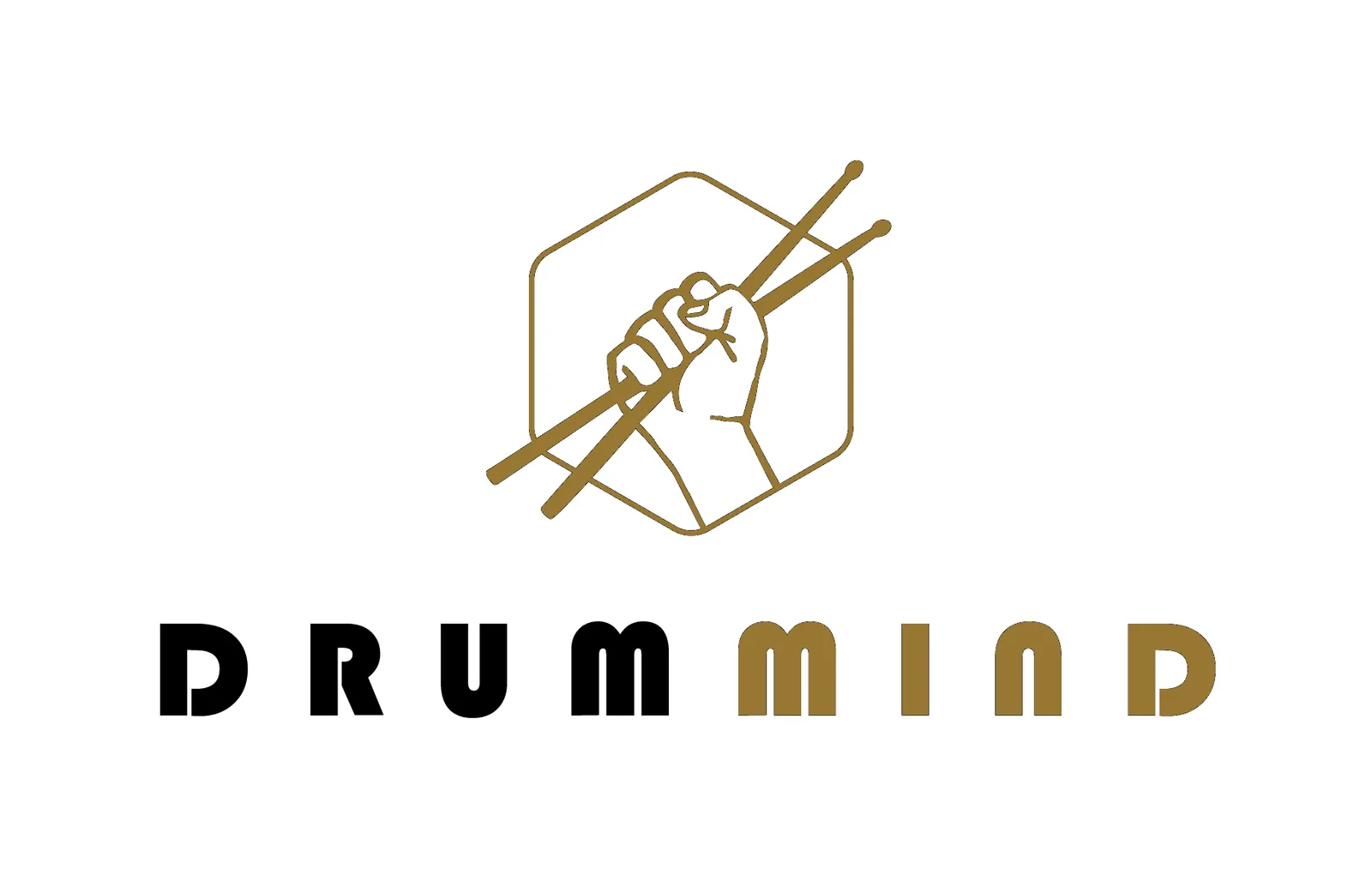 Drum Mind – Schlagzeugkurs für Anfänger 1 Drum Mind Logo mit Schlagzeugstöcken in Hand und geometrischem Schlagzeug-Icon