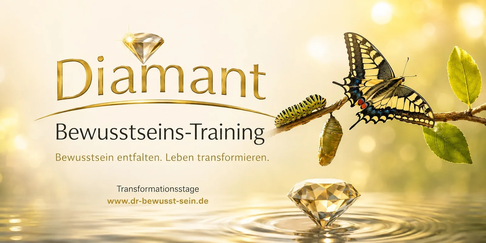 Schmetterling und Raupe mit Diamanten symbolisieren Bewusstseinsentwicklung und Transformation, Banner für Diamant-Bewusstsei
