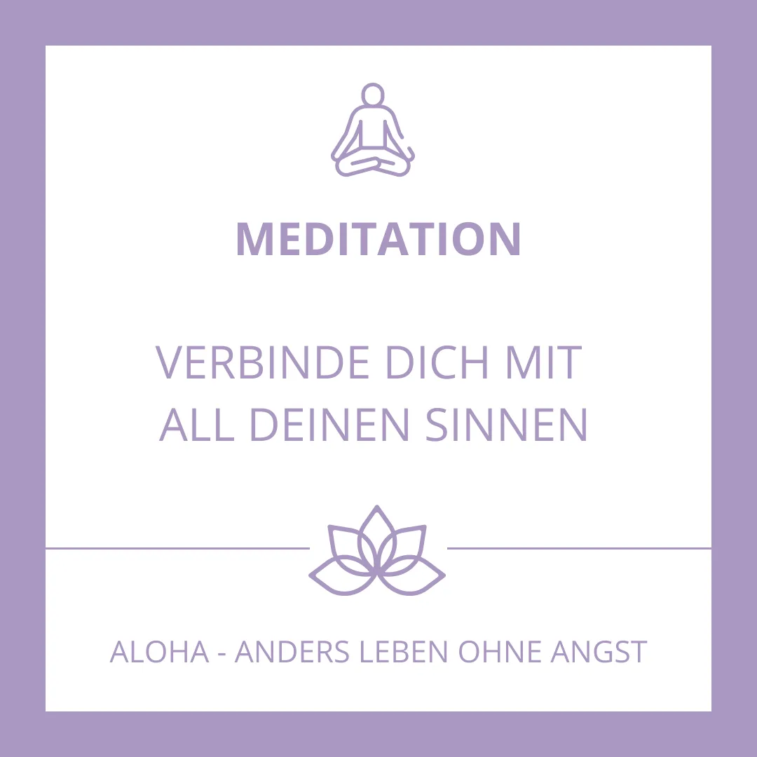 Meditationskarte über Verbindung mit allen Sinnen auf violettem Hintergrund