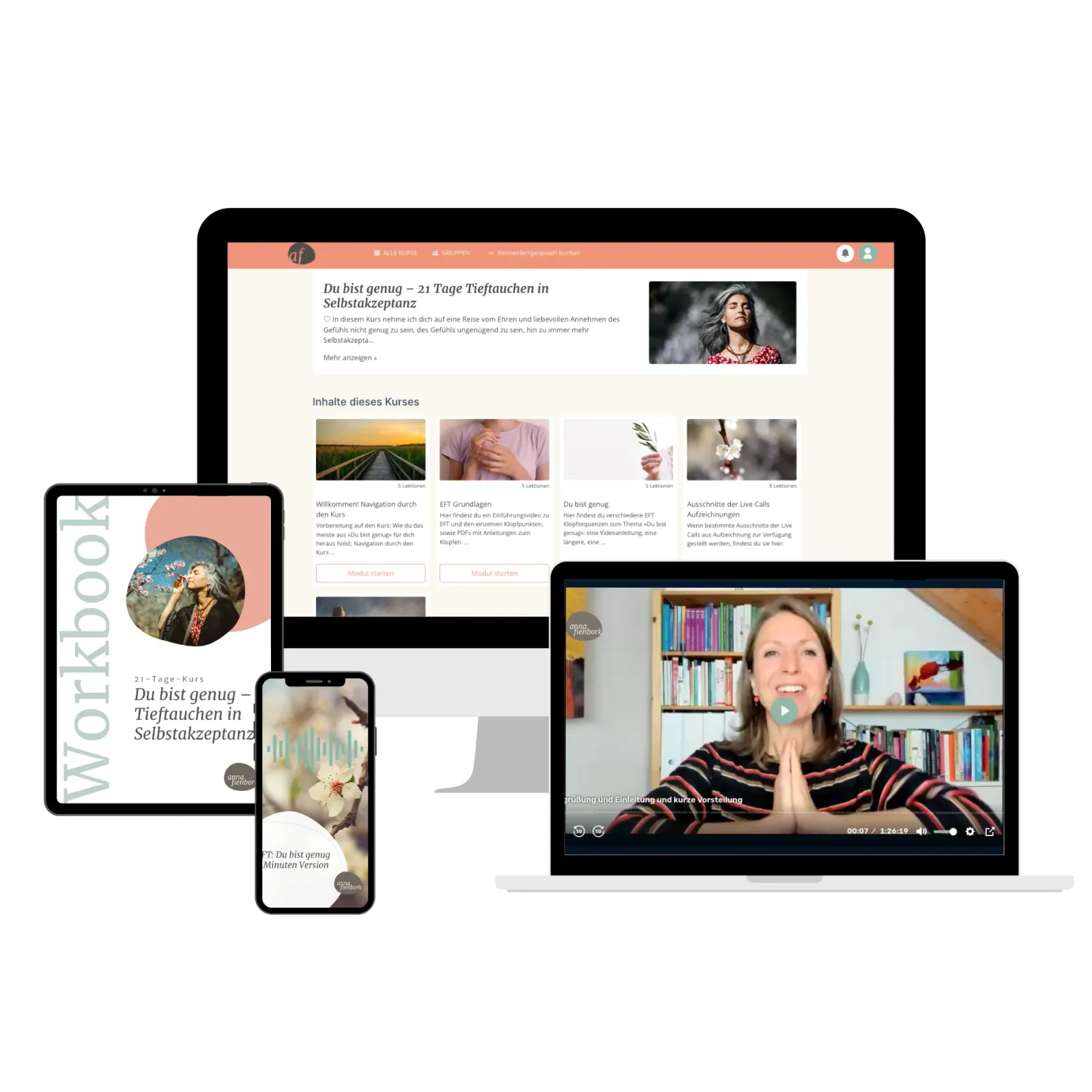 Produktmockup: Bundle-Darstellung mit Website, Workbook, Audio und Video des "Du bist genug"-Kurses auf mehreren Geräten