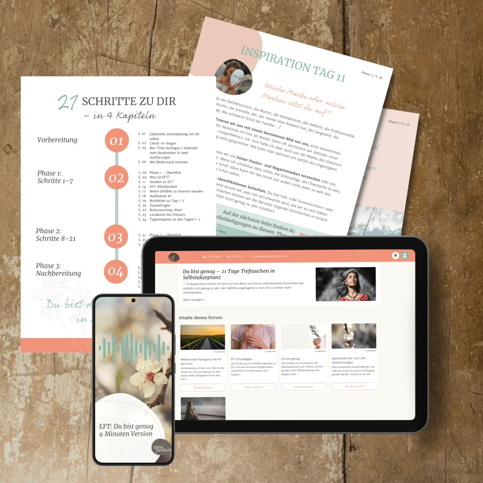 Mockup: Workbook und Website des "Du bist genug"-Kurses auf Geräten, dazu Smartphone mit EFT-Audio