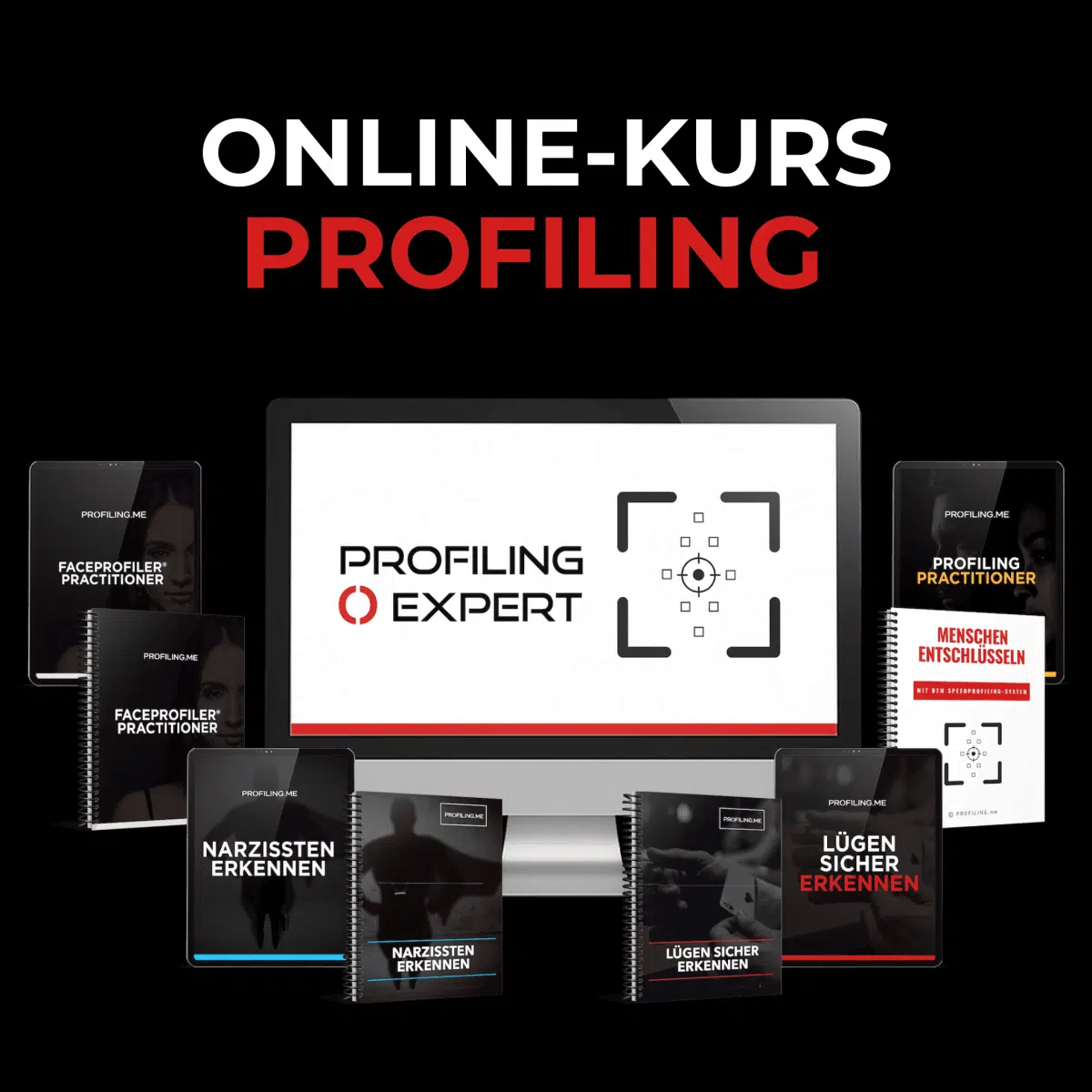 Du bist, was du denkst – Videokurs zu Denkmustern 5 Profiling Expert Online-Kurs Mockup mit Monitoren und Lernmaterialien