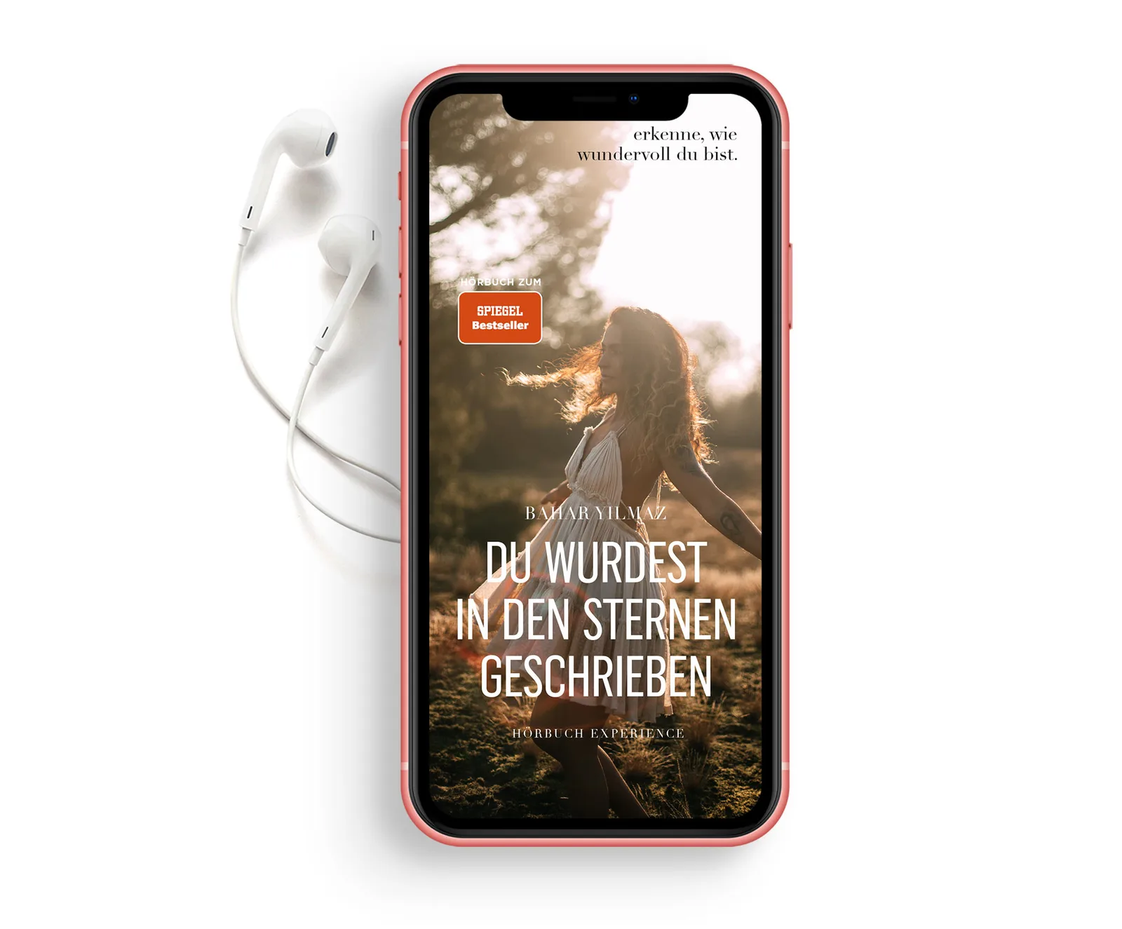 iPhone-Mockup in Rot mit digitalem Hörbuch Du wurdest in den Sternen geschrieben und weißen Kopfhörern