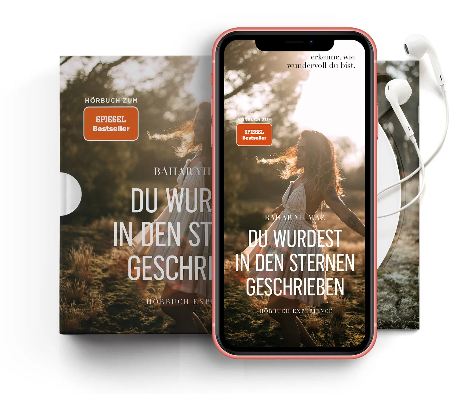 CD-Pack und iPhone-Mockup nebeneinander von Du wurdest in den Sternen geschrieben mit Kopfhörern