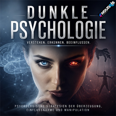 E-Book-Cover Dunkle Psychologie mit Split-Face-Design, linke Seite blau mit digitalem Netzwerk, rechte Seite rot mit Schatten