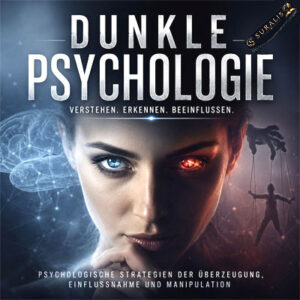 E-Book-Cover Dunkle Psychologie mit Split-Face-Design, linke Seite blau mit digitalem Netzwerk, rechte Seite rot mit Schatten