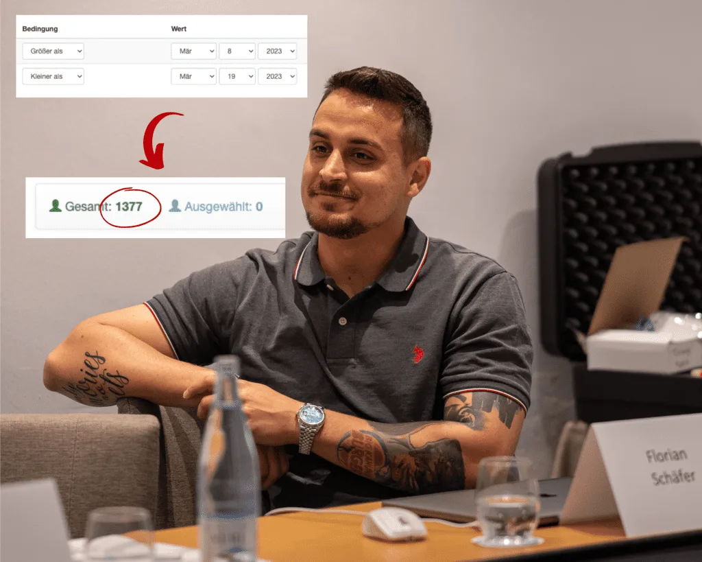 Landingpage-Screenshot mit Bedingungsfiltern und Mann mit Tätowierungen am Konferenztisch, Gesamt-Count 1377