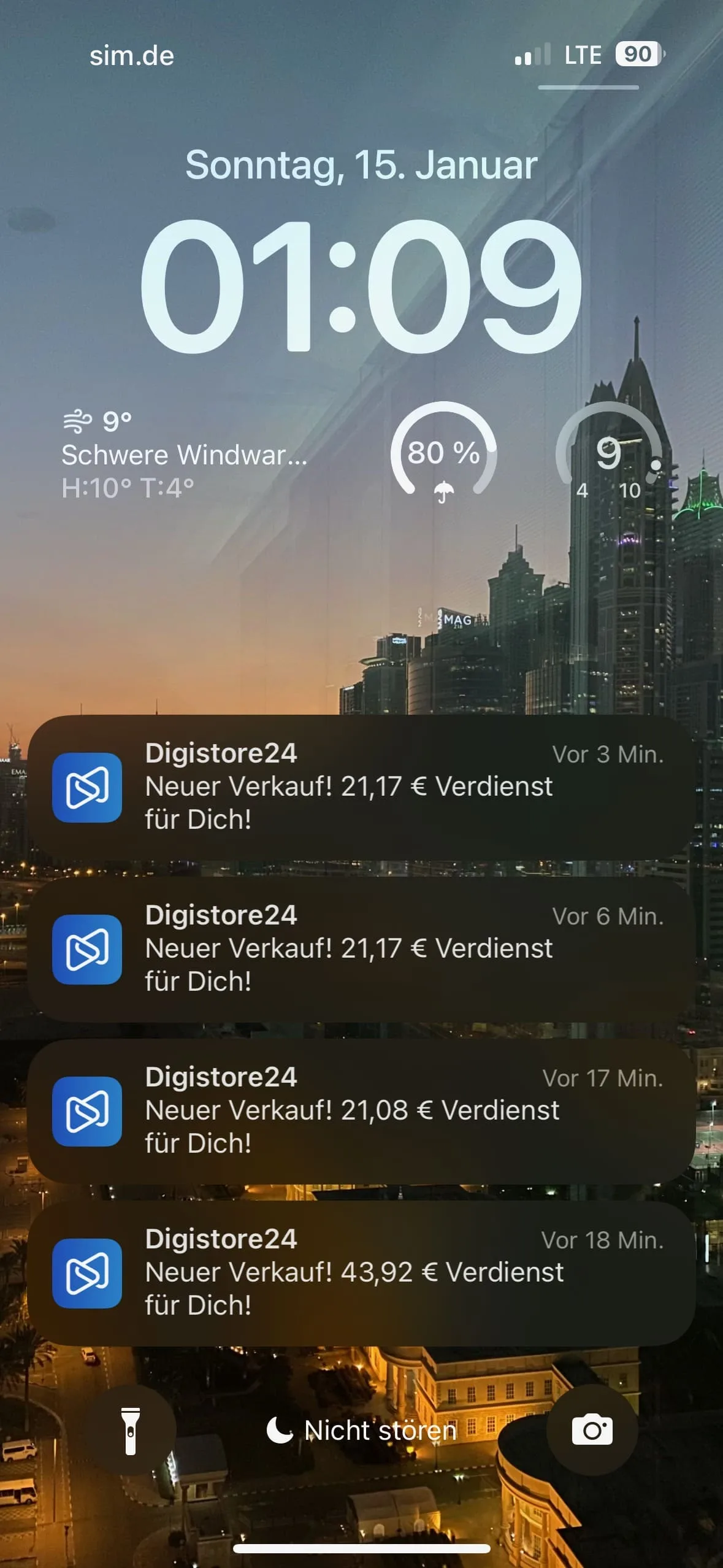 iPhone-Lockscreen Sonntag 15. Januar 01:09 Uhr mit sim.de LTE, Wetter 9° Schwere Windwarnung 80%, mehrere Digistore24 Provisi