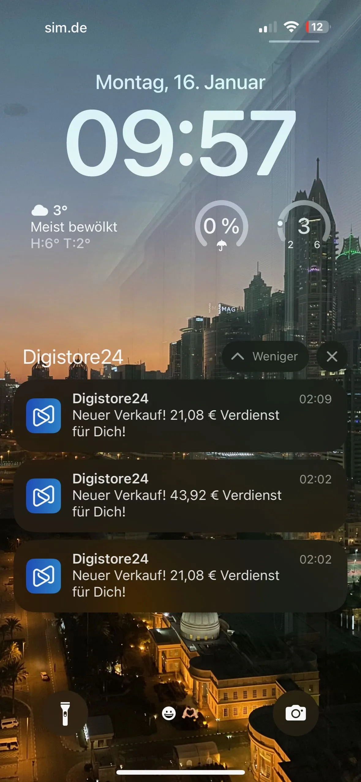 iPhone-Lockscreen Montag 16. Januar 09:57 Uhr mit sim.de WLAN, Wetter 3° meist bewölkt, Digistore24 Provisionen 21,08€ und 43