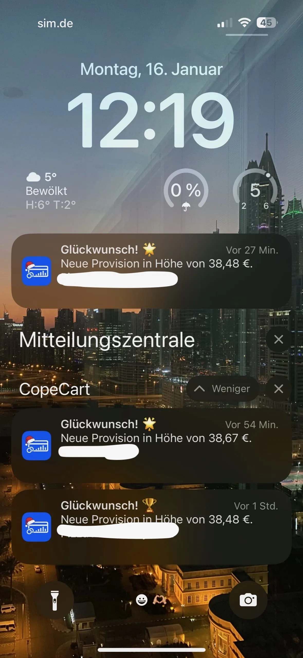 iPhone-Lockscreen Montag 16. Januar 12:19 Uhr mit sim.de WLAN, Wetter 5° bewölkt, Glückwunsch-Provisionen von CopeCart 38,48€