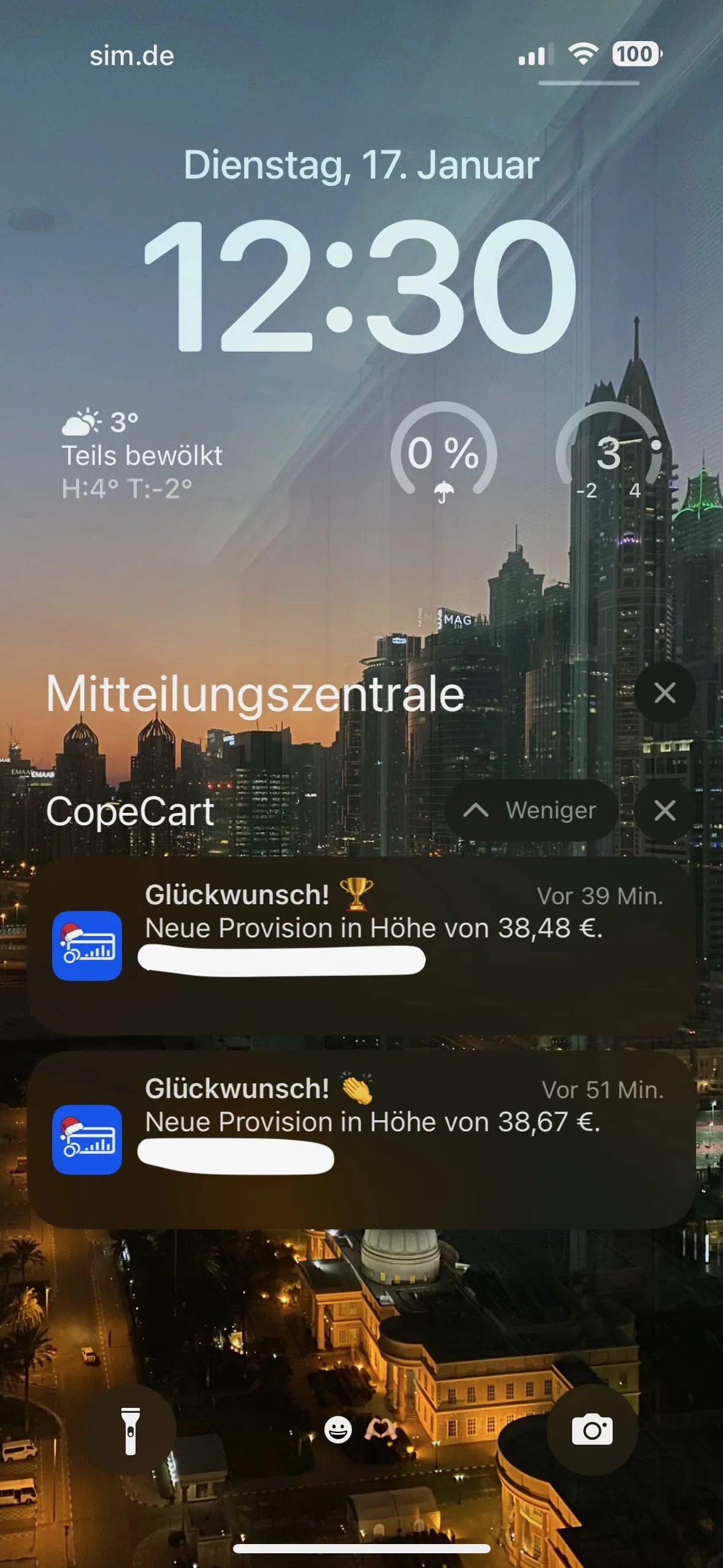 iPhone-Lockscreen Dienstag 17. Januar 12:30 Uhr mit sim.de, Wetter 3° teils bewölkt, CopeCart Provisionen 38,48€ und 38,67€