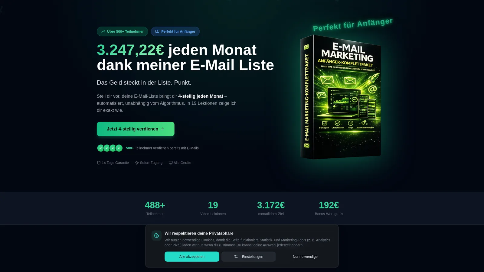Landingpage des E-Mail Marketing Anfänger-Komplettpakets mit Verkaufstext und grünem CTA-Button