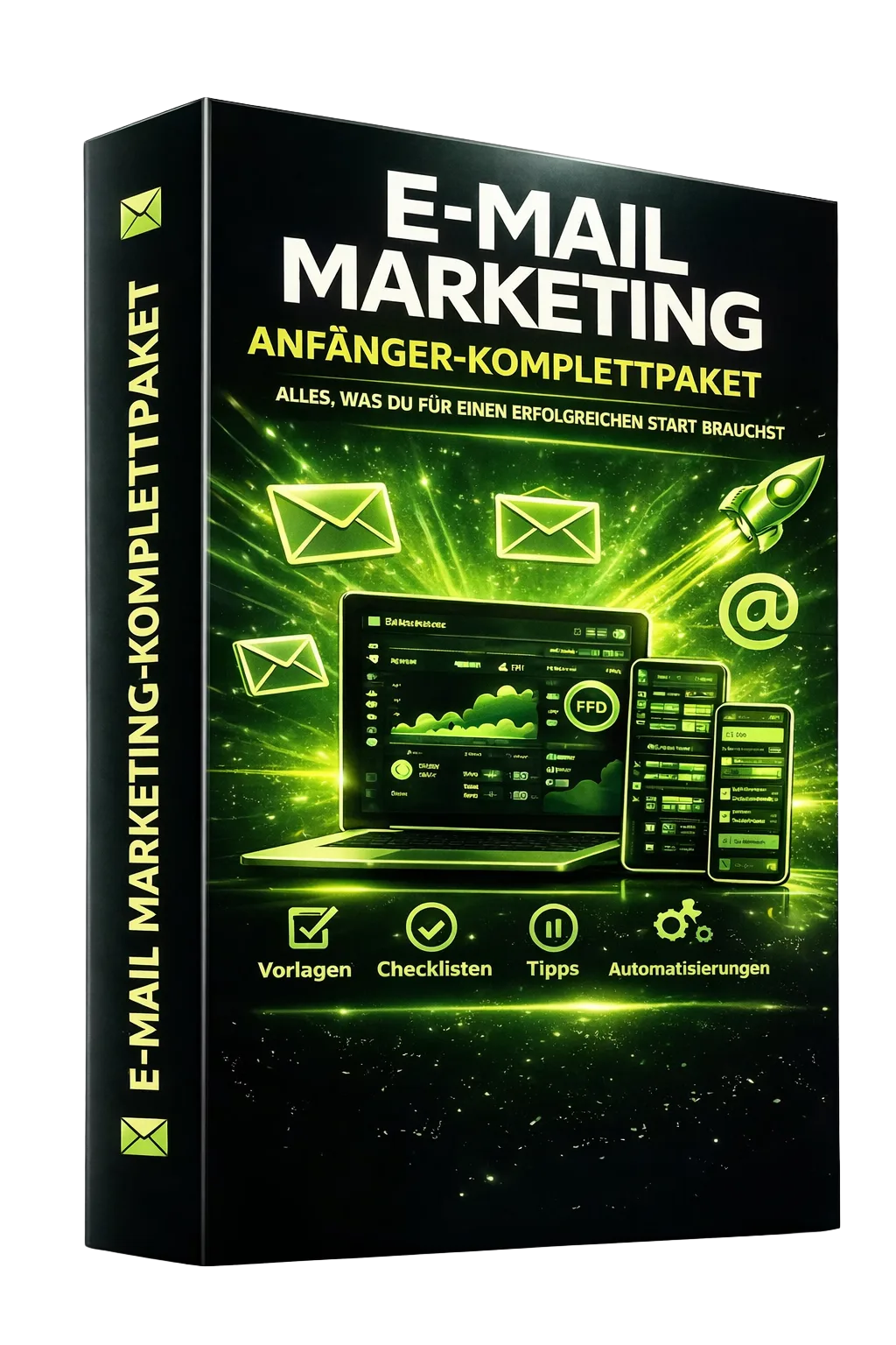 E-Mail Marketing Anfänger-Komplettpaket Box mit Laptop, Smartphone, grünen Neon-Effekten und Icons