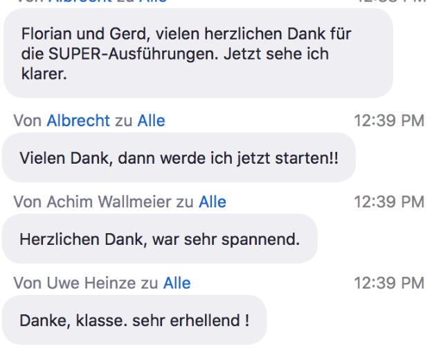 Chatkonversation mit mehreren Teilnehmern danken für die Ausführungen