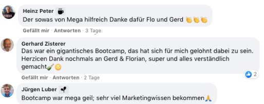 Facebook-Kommentare mit positiven Bewertungen zum Bootcamp von Florian und Gerd