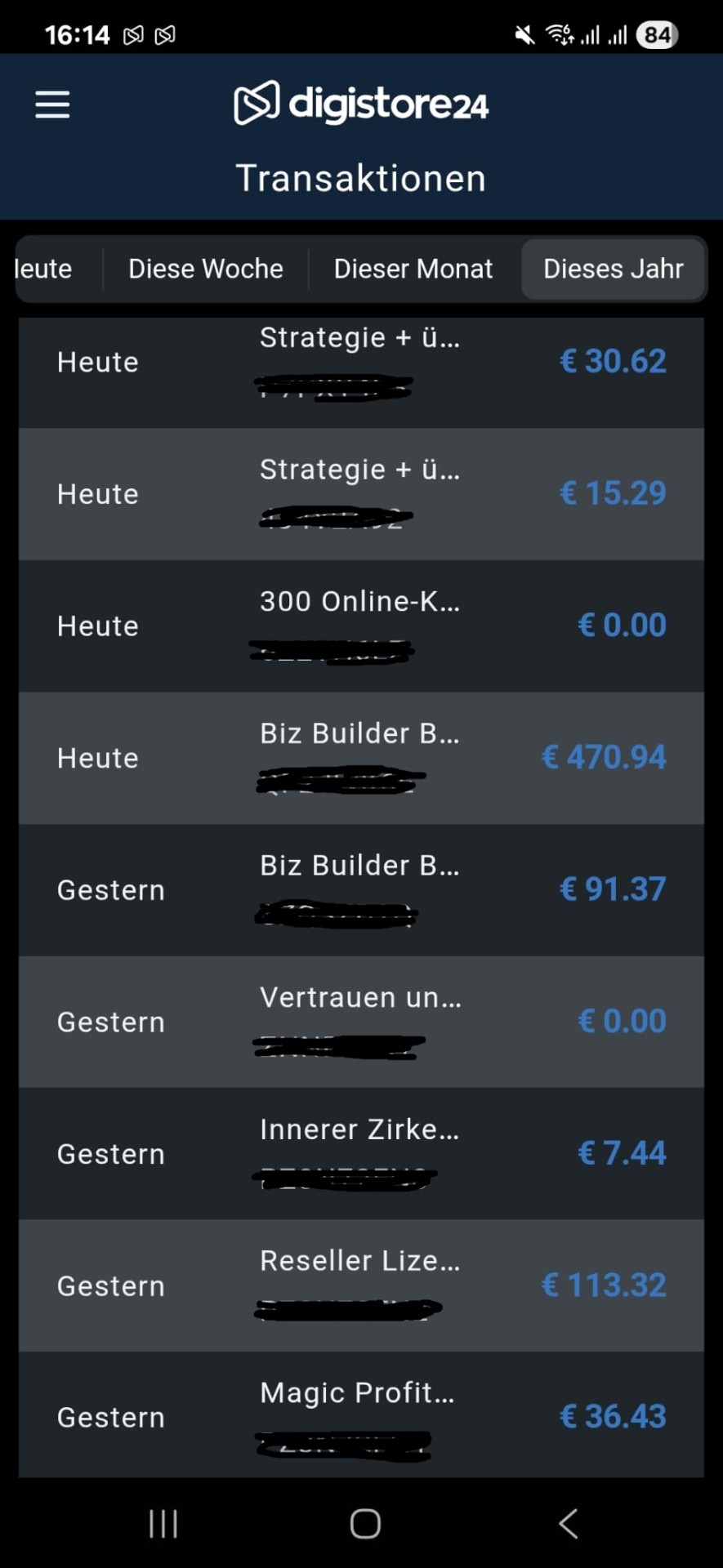Digistore24 Dashboard Screenshot Transaktionen mit Tageseinnahmen und Produktauflistung