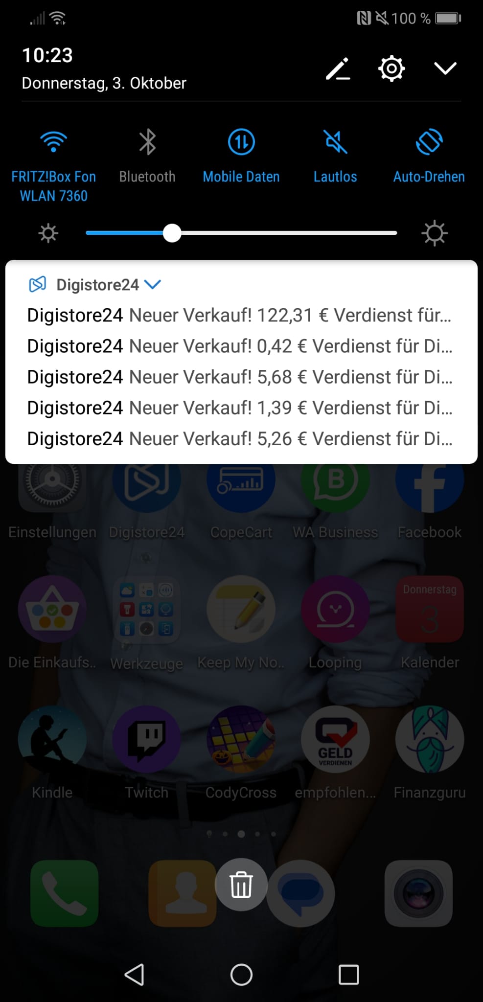 Digistore24 Transaktions-Screenshot mit mehreren Provision-Benachrichtigungen