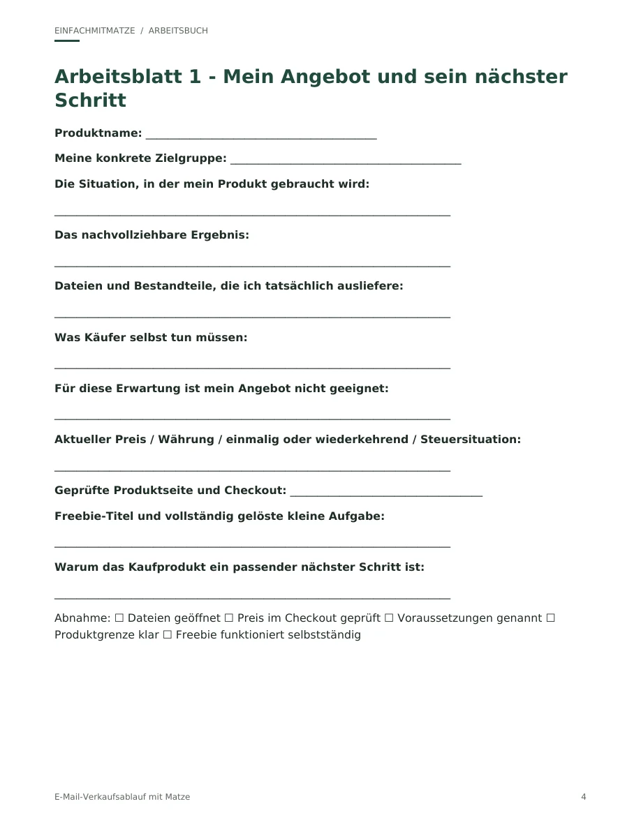Arbeitsblatt 1 aus E-Mail-Verkaufsablauf Kurs: Formular für Angebot und nächste Schritte