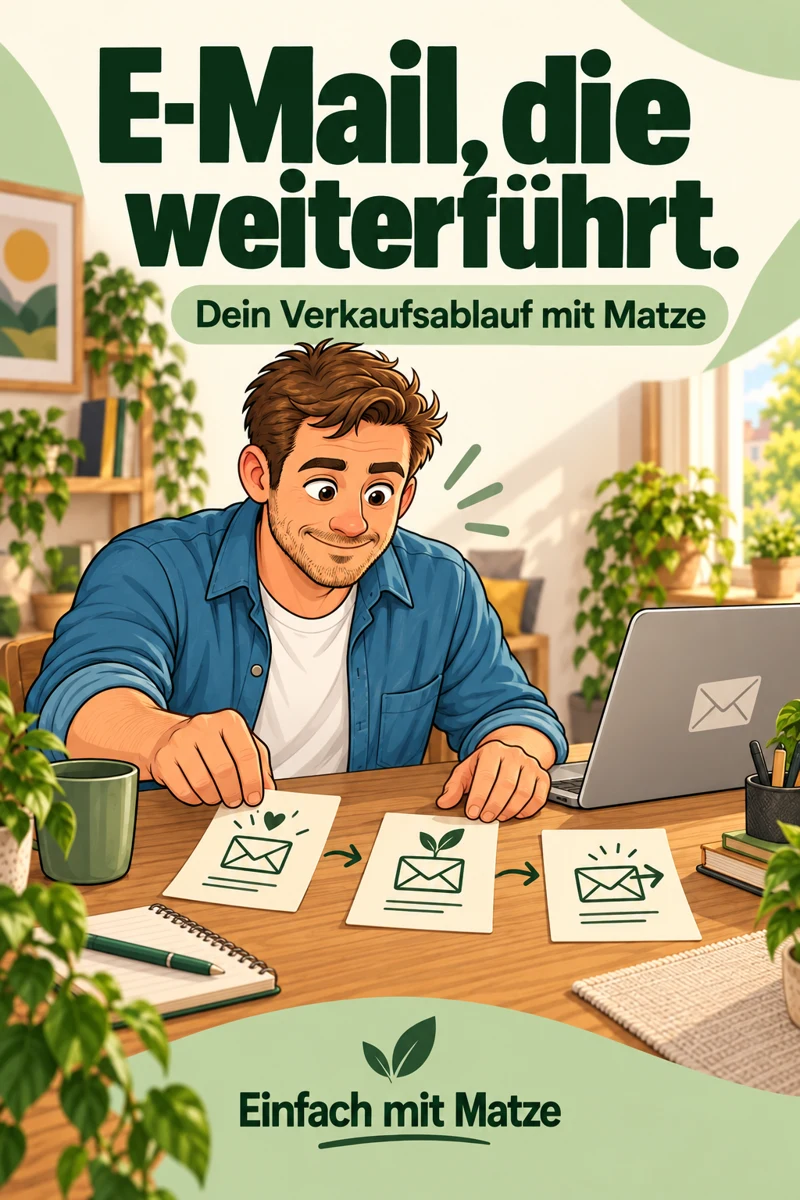 Cover E-Mail-Verkaufsablauf mit Matze: Mann am Schreibtisch mit Laptop und E-Mail-Grafiken