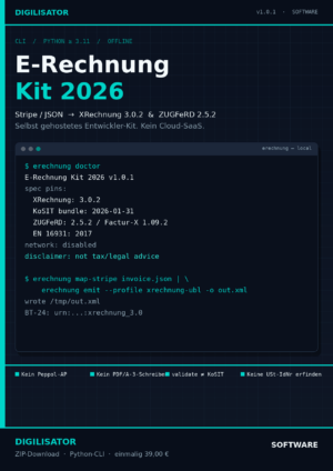 E-Rechnung Kit 2026 CLI – ZIP-Download mit Terminal-Screenshot und Spezifikationen