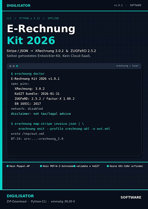 E-Rechnung Kit 2026 – Python-CLI Produktabbildung in kompakter Ansicht mit Terminal-Demo