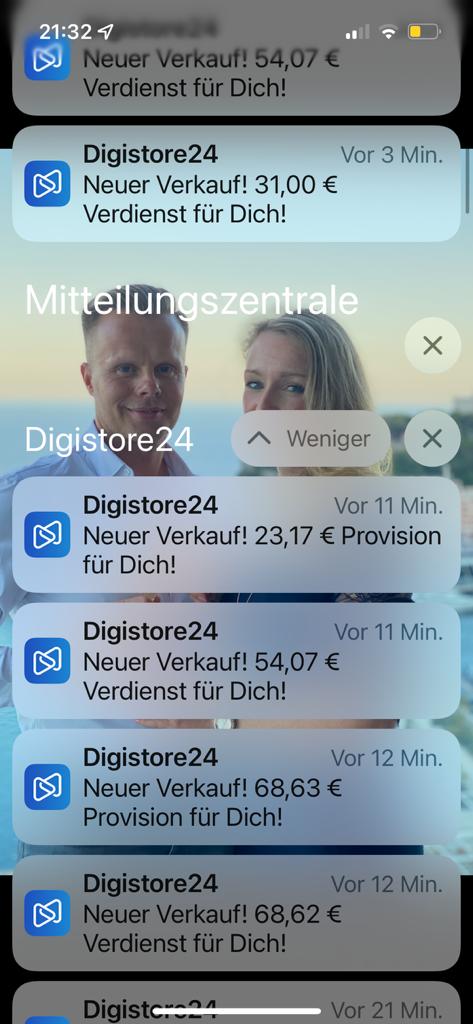 Screenshot Mitteilungszentrale mit Verkaufsbenachrichtigungen Digistore24