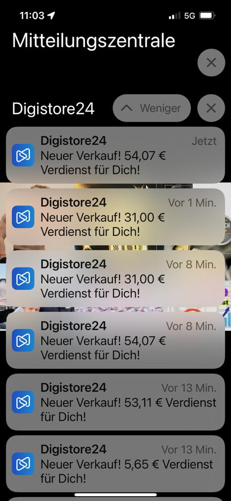 Screenshot Mitteilungszentrale mit mehreren Verkaufsbenachrichtigungen