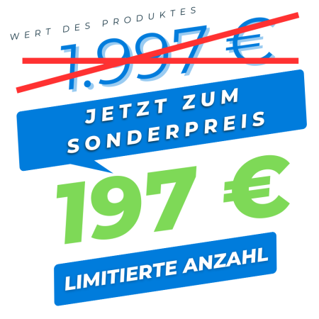 Sonderangebot-Banner mit durchgestrichenem Preis 1.997 Euro und neuem Preis 197 Euro in Grün