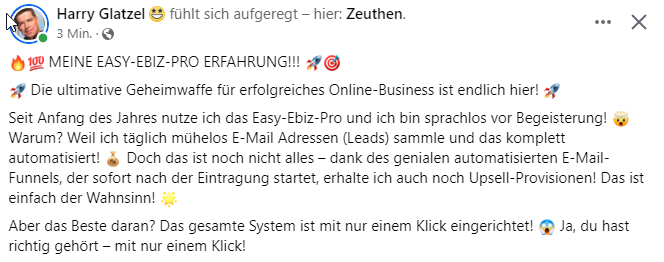 Facebook-Kundenstimme von Harry Glatzel über Easy Ebiz Pro Erfahrung