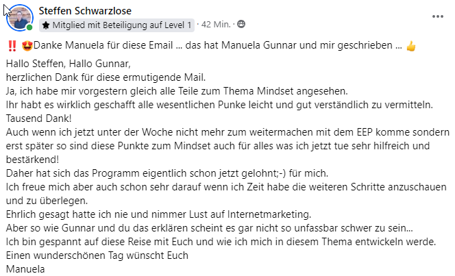 Facebook-Kundenstimme von Steffen Schwarzlose über Easy Ebiz Pro Mindset