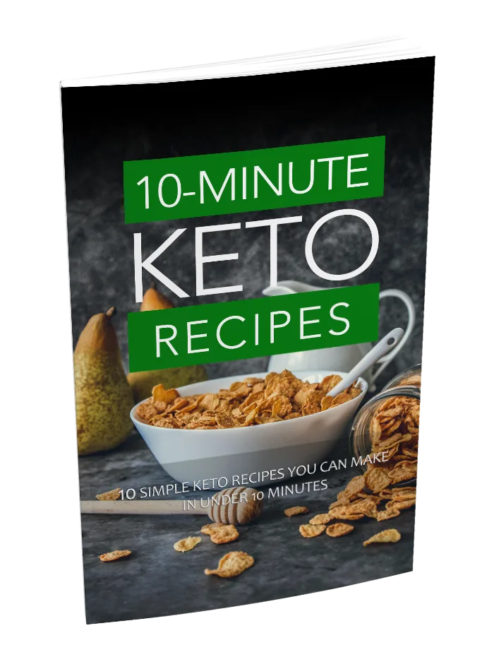 10-Minute Keto Recipes Lead Magnet mit Getreide-Schüssel und Birne auf dunklem Hintergrund