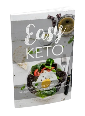 E-Book Cover Easy Keto mit Spiegeleier-Salat, Kaffee und Schokolade auf Holzhintergrund