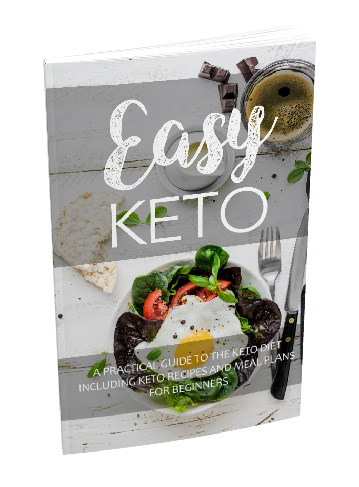 E-Book Cover Easy Keto mit Spiegeleier-Salat, Kaffee und Schokolade auf Holzhintergrund