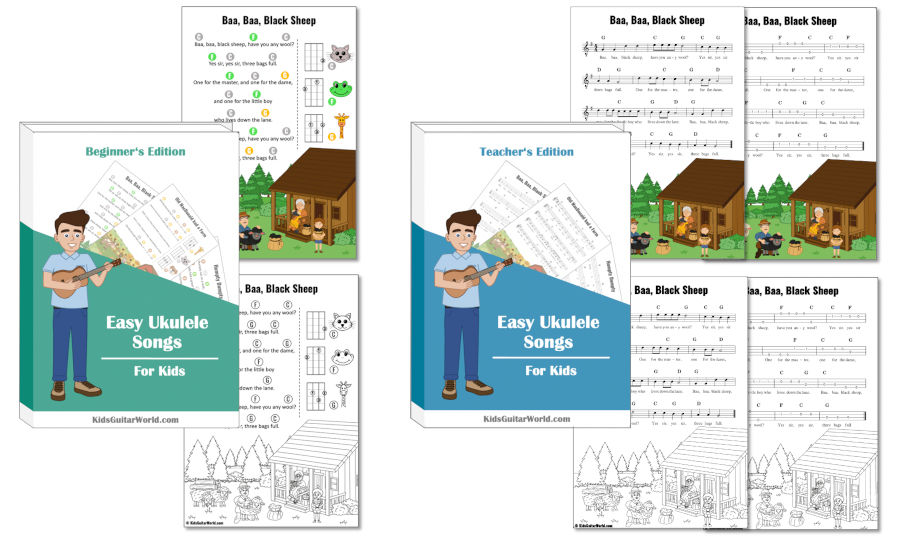 Easy Ukulele Songs Beginner's Edition und Teacher's Edition Buchcover mit Baa Baa Black Sheep Beispiel