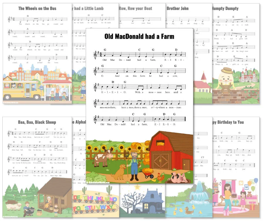 Galerie mit Notenblättern und Noten für Ukulele-Kinderlieder