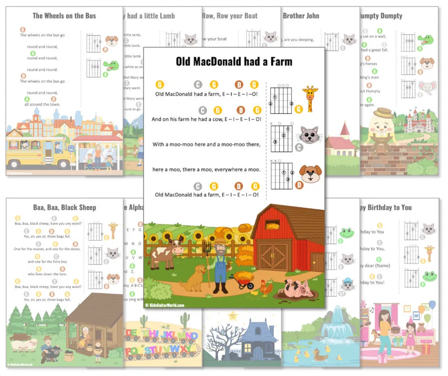 Galerie mit Ukulele-Liedbeispielen: Chords mit Griffdiagrammen und Illustrationen