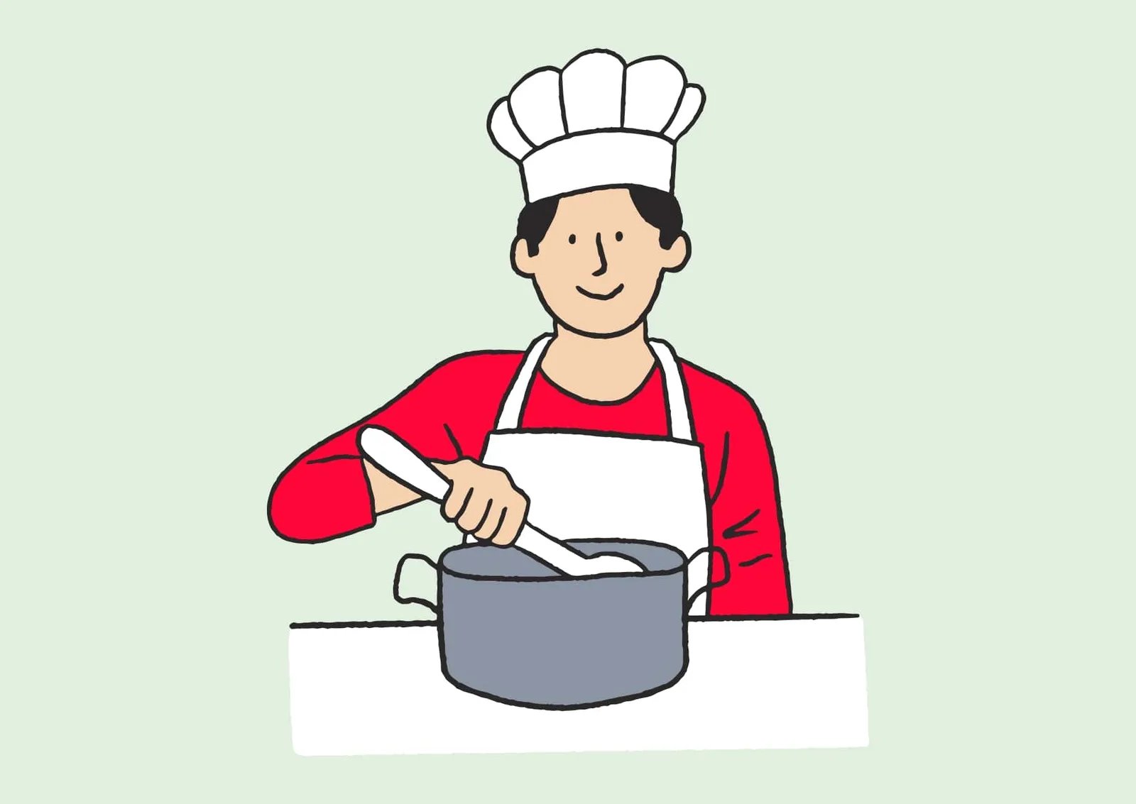 Cartoon-Illustration eines Kochs in roter Jacke und weißem Hut beim Rühren in einem Topf, hellgrüner Hintergrund