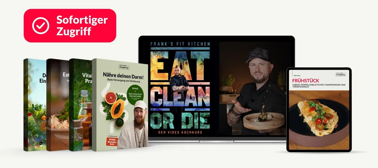 Großes Produktmockup mit vier E-Book Boxen, großem Monitor mit Eat Clean or Die Logo und Frank mit Smoothie, Tablet mit Rezep