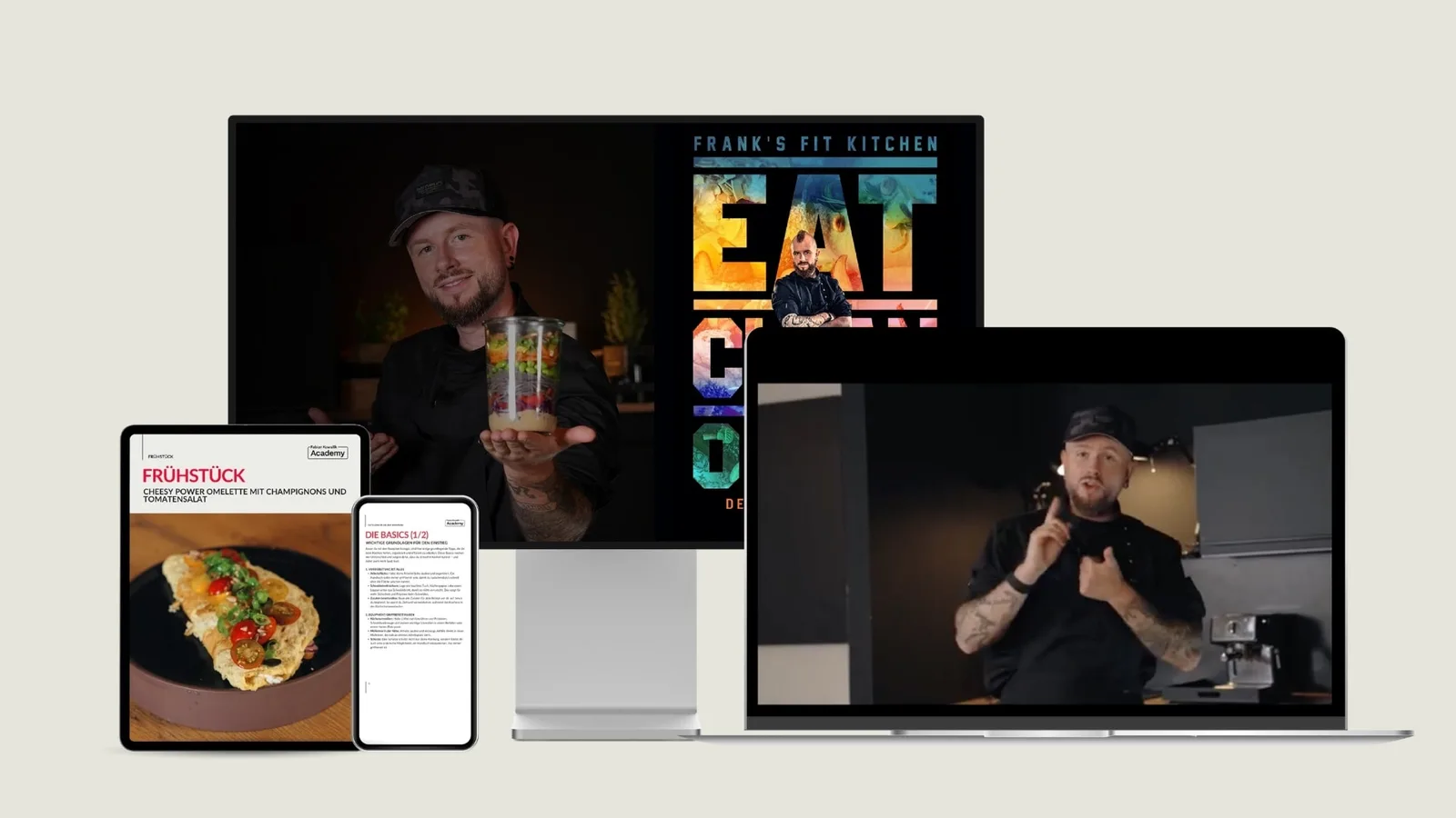 Digitales Mockup mit Tablet, Smartphone und Laptop zeigt Kursplattform und Videoinhalte des Eat Clean or Die Kochkurses