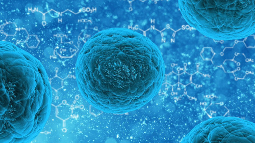 Mikroorganismen unter dem Mikroskop mit chemischen Molekülstrukturen und Text Effektive Mikroorganismen