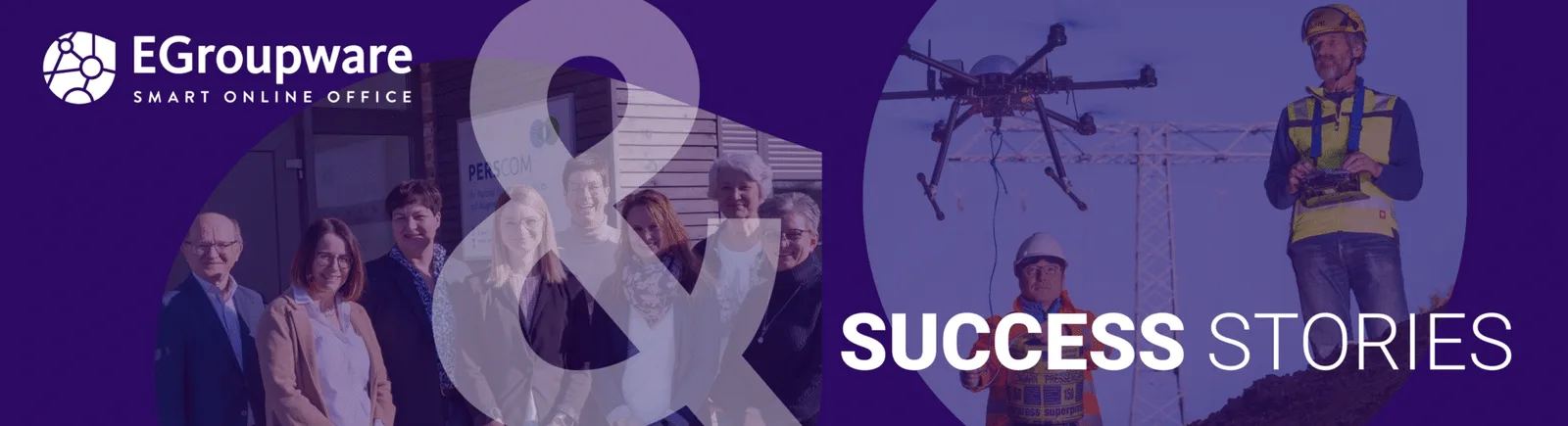 EGroupware Success Stories Banner mit Kundenfotos und verschiedenen Branchen