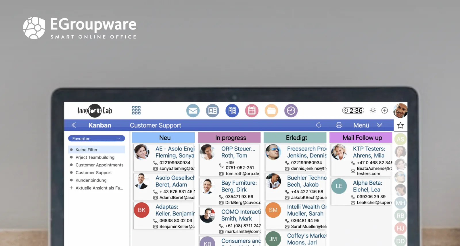 EGroupware Kanban-Board mit Customer Support, Kategorien Neu, In progress, Erledigt, Mail Follow up