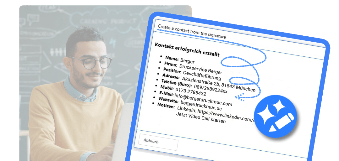 Mann mit Brille und Kontakt-Formular mit automatisch erkannten Daten wie Name, Firma, Telefon und E-Mail